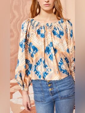 Ulla Johnson Nadya Blouse Silk Fossil Peasant Blouse Size 6 Silk Twill Flowy‎